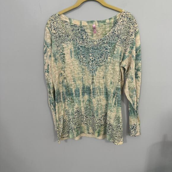 Kiara Embellished Waffle Knit Relic Print Top Size Large Long Sleeves Crew Neck - Picture 1 of 5
